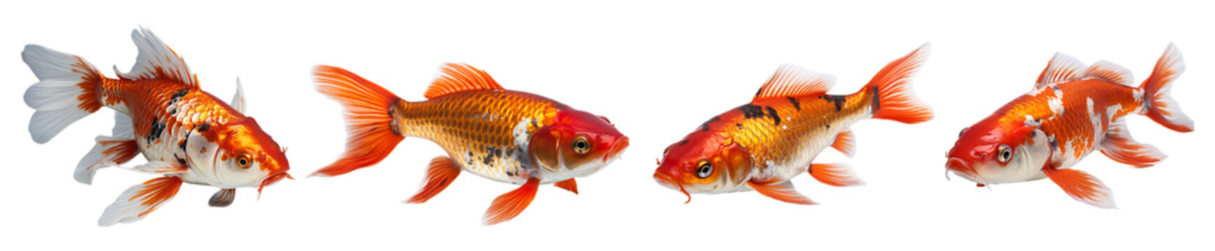 realistic set portrait of koi carp ornamental fish, with transparent background, generative ai