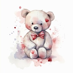 Watercolor Valentine's Day teddy bear, white background. AI generate illustration