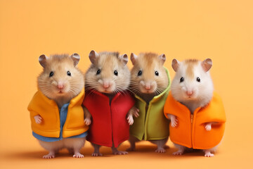 Gang family of hamster in vibrant bright fashionable outfits, commercial, editorial advertisement, surreal surrealism. Group shot. 
