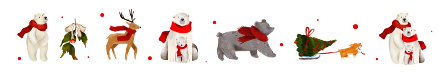 Festive and cute animals in winter scarfs, Christmas decoration, Watercolor. Collection of Vector  illustrations. Cozy clip art elements, ready to print. Perfect for invitation, card, poster, banner