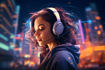 Young woman listening to music on headphones in the city at night - obrazy, fototapety, plakaty