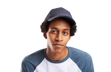 Confident, fashion and portrait of black man with hat on isolated, png and transparent background....
