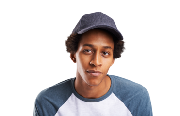 Confident, fashion and portrait of black man with hat on isolated, png and transparent background. Attractive, accessories and face of person in trendy clothes, casual outfit and style with pride