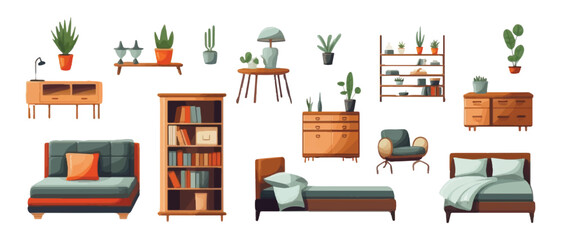 Set of home interior furniture on white background.