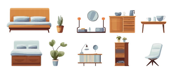 Set of home interior furniture on white background.