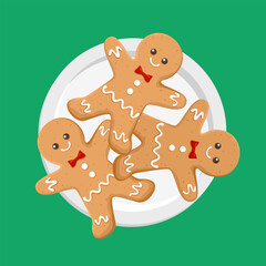 Gingerbread men in white plate on green background. Top view. Vector cartoon illustration of christmas food.