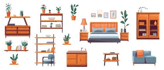 Set of home interior furniture on white background.