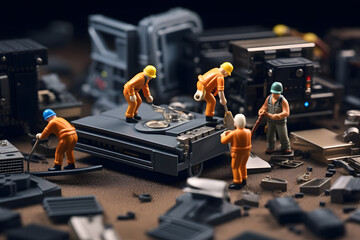 Small toy people engineers repairing technics and computer motherboards and components illustration 