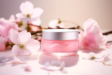 Fototapeta na wymiar Face Cream in Glass Jar, Pink and Beige Colors, Branches and Flowers on Background, AI Generative