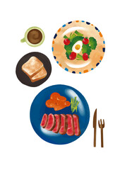 水彩風　洋食（ステーキ・アスパラ・人参グラッセ・パン・ゆで卵・サラダ・ブロッコリー・プチトマト・コーヒー）セットWatercolor Style Cooking Series:Watercolor Western-style meal set (steak, asparagus, glazed carrots, bread, boiled egg, salad, broccoli....)