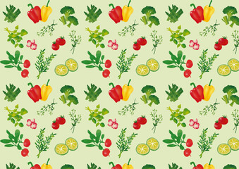 水彩風　野菜とハーブパターン　背景グリーン