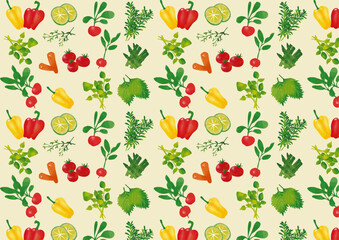 水彩風　野菜とハーブパターン　背景ベージュ Fresh Vegetables And Botanical Herbs in Watercolor Series:Vegetables and Herbs Pattern