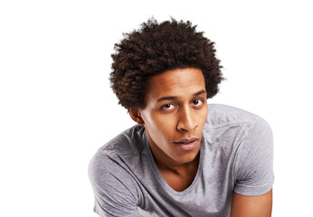 Portrait, black man and fashion with an afro, smile and confident guy isolated on transparent...