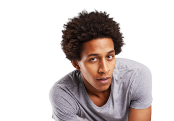 Portrait, black man and fashion with an afro, smile and confident guy isolated on transparent background. Face, African person or model with a shirt, casual outfit or calm with png or stylish clothes