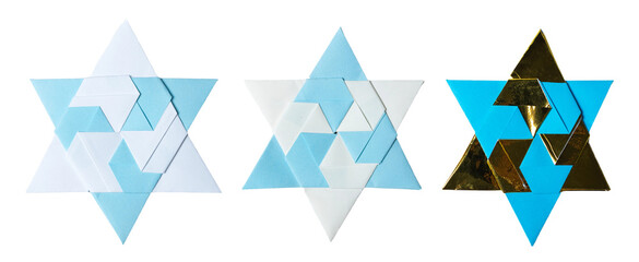 Blue and light blue Origami Star of David, isolated on white or transparent background cutout.