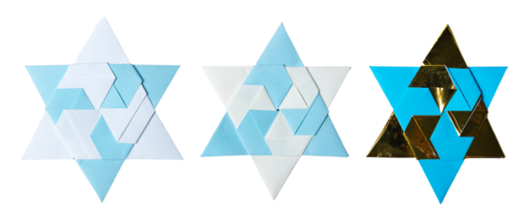 Blue and light blue Origami Star of David, isolated on white or transparent background cutout.