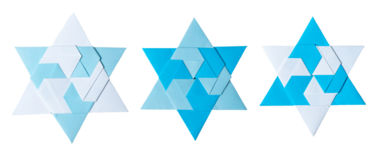 Blue and light blue Origami Star of David, isolated on white or transparent background cutout.