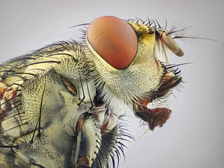 An extreme close up of a fly head