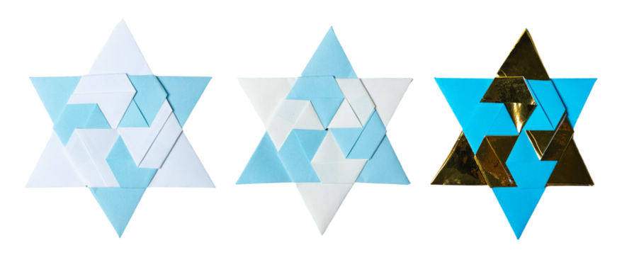 Blue and light blue Origami Star of David, isolated on white or transparent background cutout.
