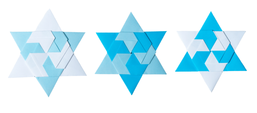 Blue and light blue Origami Star of David, isolated on white or transparent background cutout.