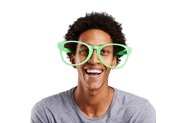 Portrait, smile and oversize glasses with a black man isolated on a transparent background for...