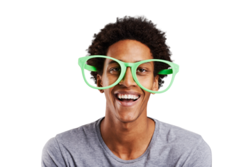 Portrait, smile and oversize glasses with a black man isolated on a transparent background for humor. Face, comic and funny with a happy young person joking in large eyewear on png for comedy