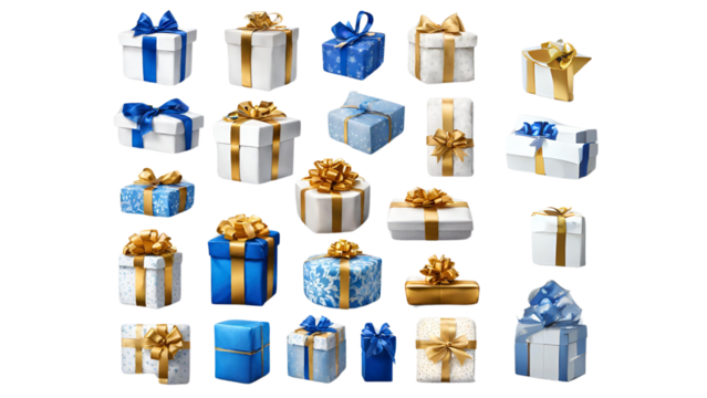 A collection of white and blue gift wrapped Christmas, birthday or valentines presents with gold ribbon bows isolated against a transparent background