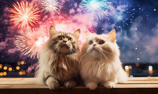 Enjoying Happy New Year Fireworks Cute Cats 