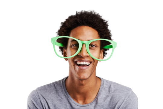 Portrait, smile and oversize glasses with a black man isolated on a transparent background for humor. Face, comic and funny with a happy young person joking in large eyewear on png for comedy