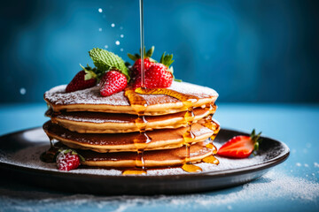 Delicious pancakes with honey and raspberries - obrazy, fototapety, plakaty