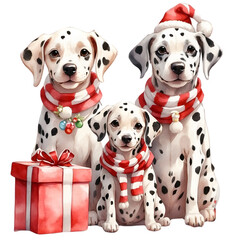 Watercolor illustration of a cute group of Dalmatian Dogs wearing Christmas hat with Christmas boxes. Wishing you a merry Christmas. Xmas season. Creative graphics design. 