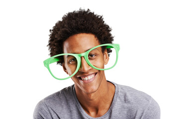 Portrait, comic and oversize glasses with a black man isolated on a transparent background for...