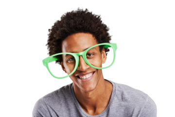 Portrait, comic and oversize glasses with a black man isolated on a transparent background for humor. Face, smile and funny with a happy young person joking in large eyewear on png for comedy