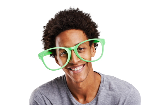 Portrait, comic and oversize glasses with a black man isolated on a transparent background for humor. Face, smile and funny with a happy young person joking in large eyewear on png for comedy