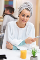 young women sitting in beauty hair salon style