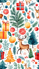 Christmas and Happy New Year seamless pattern with Christmas toys and gifts. Trendy retro and watercolor style. botanical plants,
flowers and bells. Textile or wallpaper print. 100% Seamless pattern.
