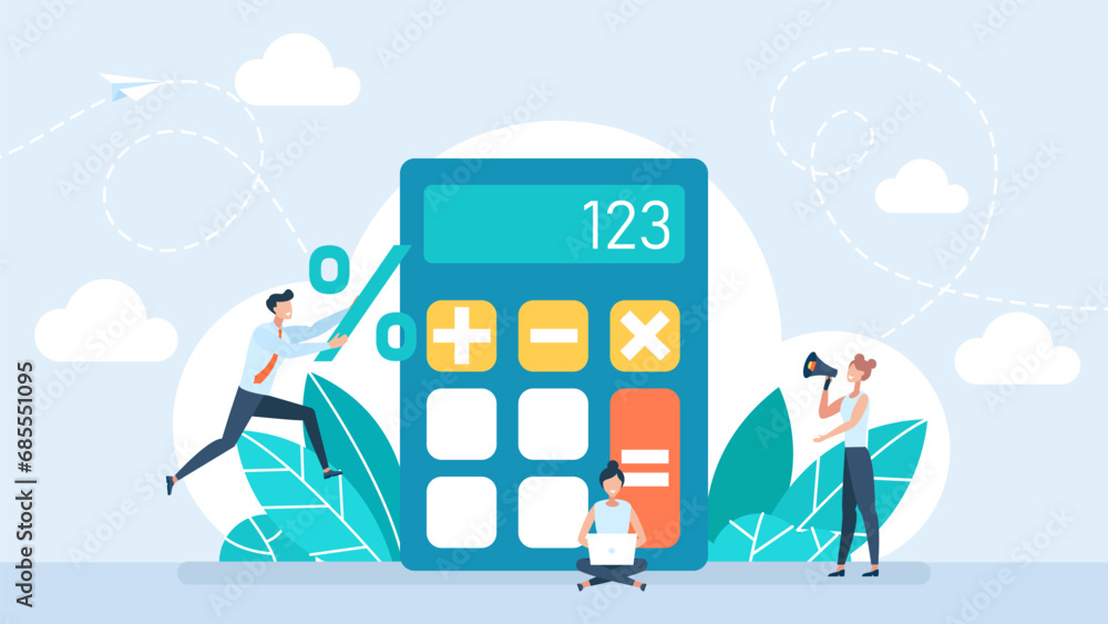 Aufkleber calculator app. tiny people with calculating. math formulas and calculations, mathematics school, un