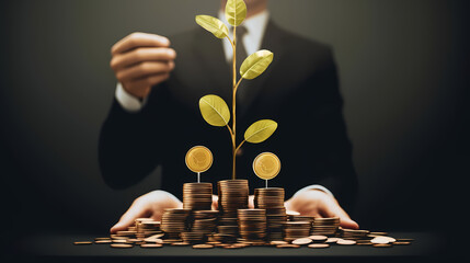 Businessman holding small tree growing on pile of golden coins. Capital growth, investment, saving money, economy, finance and business concept