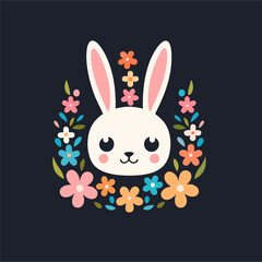 Vector illustration with Bunny ears, smiling eyes, floral wreath. Cute Rabbit as Baby shower & Easter logo, pet shop, badge. Template for Baby Birthday, Easter Day, party invitation, greeting card.