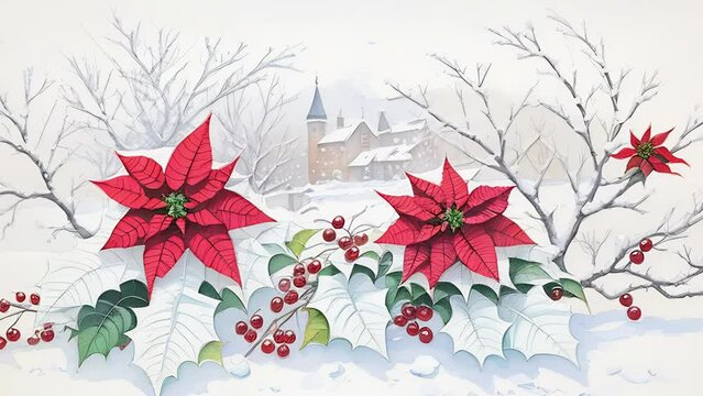 Poinsettia flowers and a changing winter landscape with with an old house in the background