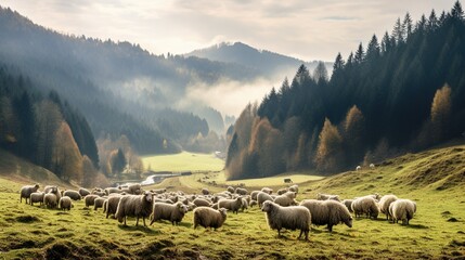 Traditional sheep pasture in Pieniny mountains in Poland. Last days of sheep grazing in autumn - obrazy, fototapety, plakaty