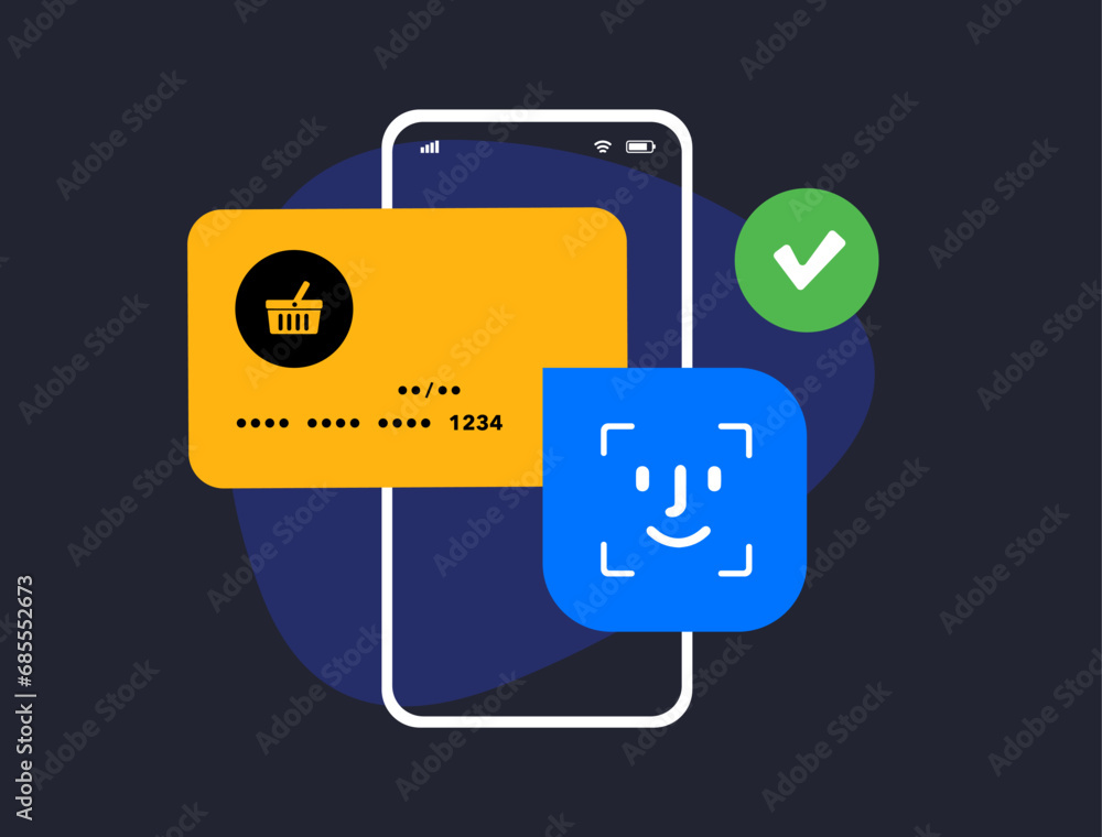 Poster mobile shopping payment with biometric authentication. m-commerce contactless transactions. fast and