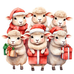 Watercolor illustration of a group of cute kawaii sheeps animal wearing Christmas clothes.
Wishing you a merry Christmas. Celebrating season. Happy Xmas. Creative graphics design. 