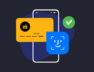 Mobile Shopping Payment with biometric authentication. M-Commerce Contactless Transactions. Fast and secure payment with biometric authentication confirmation via facial recognition and face scanning