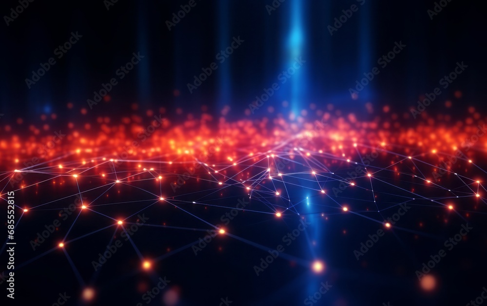 Poster Music wave of particles and lines. Big data visualization. Abstract blue background with a dynamic wave. 3d rendering.