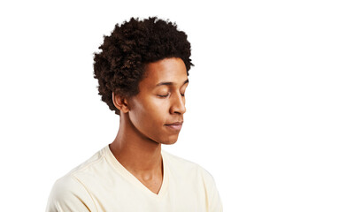 Thinking, black man and closed eyes with peace, zen and wellness isolated on a transparent...