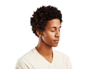 Thinking, black man and closed eyes with peace, zen and wellness isolated on a transparent background. African person, guy and model with chakra, wonder and casual with meditation, png and calm