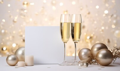 5x7 white card mock up happy new year scene with champagne and balls