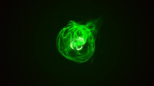 Energy green glowing cosmic magic sphere, futuristic round high-tech ball bright atom made of electricity, background.