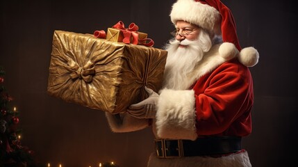 a person in a santa suit holding a large present. Ai ilustration. digital painting. Generative AI Artificial Intelligence Artwork